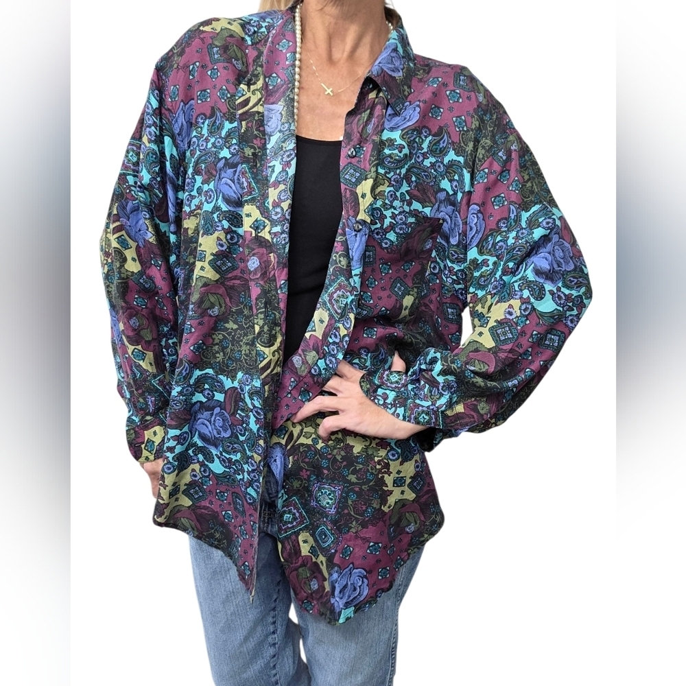 Vintage Silk Button Down Shirt Floral Oversized 90s Boho Top M